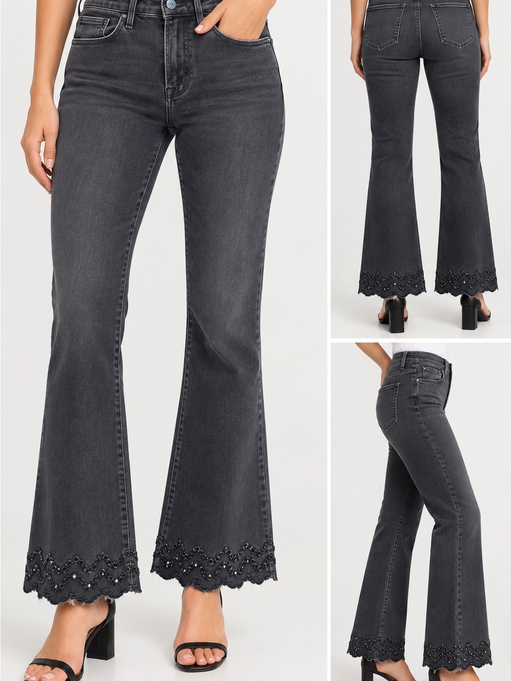 Frame Denim Dark Charcoal High-Rise Flare Jeans with Scalloped Hem size 26